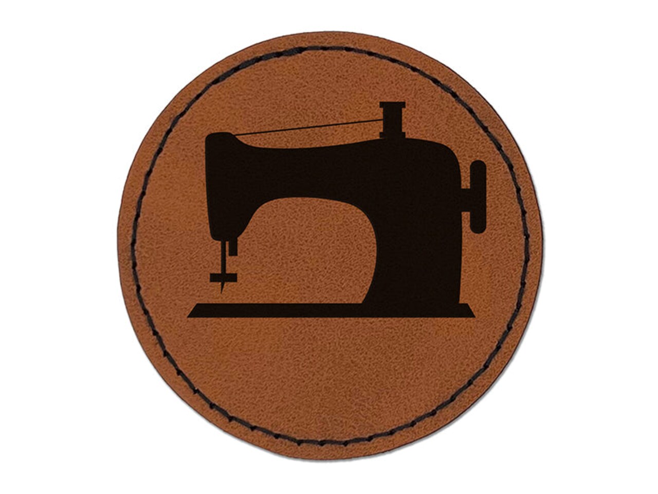 Sewing Machine Silhouette Round Iron-On Engraved Faux Leather Patch Applique - 2.5"